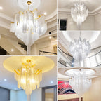 Clérachic chain-fringe chandeliers in gold and silver shown as a collage of five rooms with high, moulded ceilings.