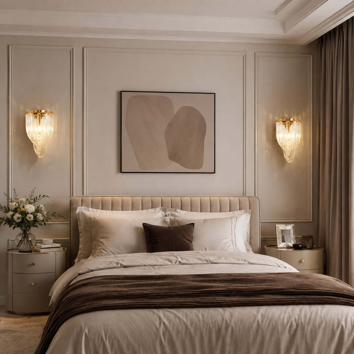 Above a bed with brown and cream linen, two Clérachic wall lights frame a framed abstract print on a panelled wall.