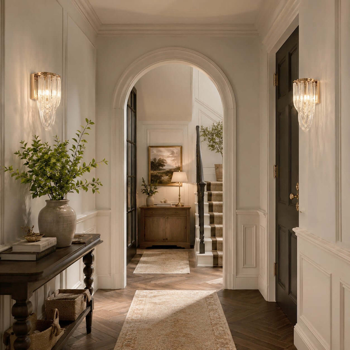 In a hallway with an arched opening and herringbone floor, a pair of Clérachic wall lights glow either side of a console.