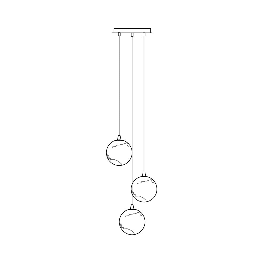 Line drawing of the Clérachic Cascading Globe Chandelier in its 3-head configuration, three alabaster spheres on staggered black flexes.