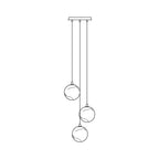 Line drawing of the Clérachic Cascading Globe Chandelier in its 3-head configuration, three alabaster spheres on staggered black flexes.