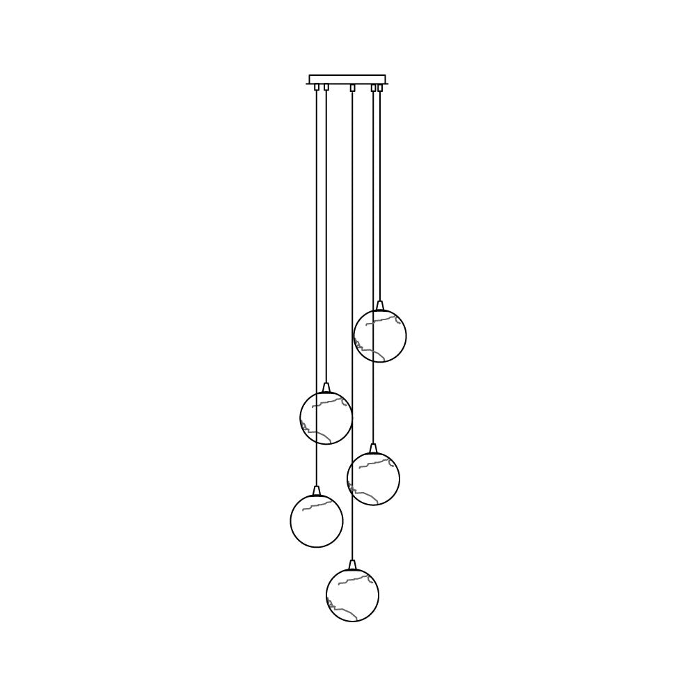 Line drawing of the Clérachic Cascading Globe Chandelier at 5 heads, five alabaster spheres dropping to different lengths from one canopy.