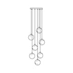 Line drawing of the 7-head Clérachic Cascading Globe Chandelier, seven spheres spread across a wider canopy at mixed drop heights.