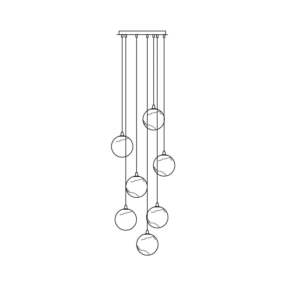 Line drawing of the 7-head Clérachic Cascading Globe Chandelier, seven spheres spread across a wider canopy at mixed drop heights.