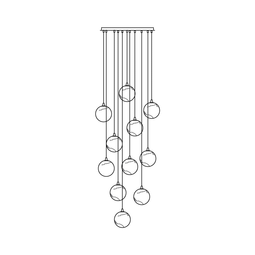 Line drawing of the Clérachic Cascading Globe Chandelier at 11 heads, the spheres fanning into a deeper spiral below a long canopy.