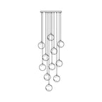 Line drawing of the Clérachic Cascading Globe Chandelier at 11 heads, the spheres fanning into a deeper spiral below a long canopy.