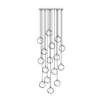 Line drawing of the 16-head Clérachic Cascading Globe Chandelier, sixteen spheres layered into a tall column for a stairwell void.