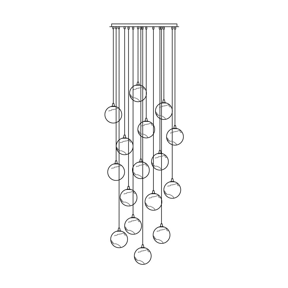 Line drawing of the 16-head Clérachic Cascading Globe Chandelier, sixteen spheres layered into a tall column for a stairwell void.