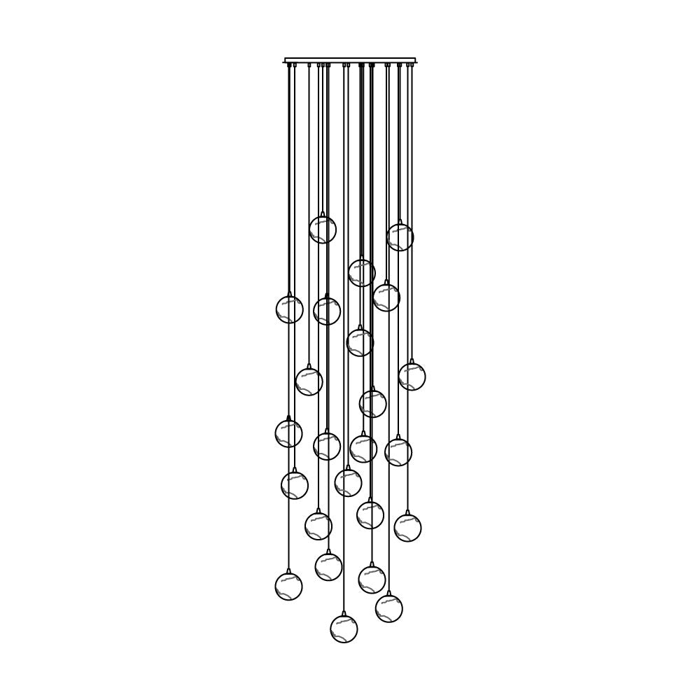 Line drawing of the Clérachic Cascading Globe Chandelier at 25 heads, spheres strung down a long narrow cascade on full-length cords.