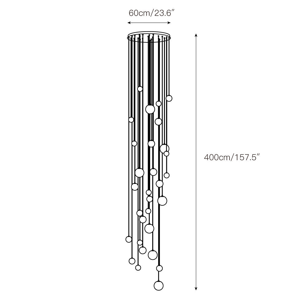 Dimension drawing for the Clérachic Cascading Globe Chandelier, 60cm/23.6″ across the canopy and 400cm/157.5″ in maximum drop.