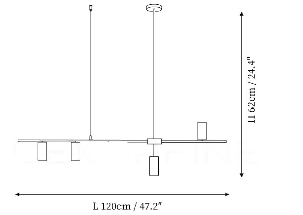 Dimension drawing of the cassandra linear chandelier, in outline against white.