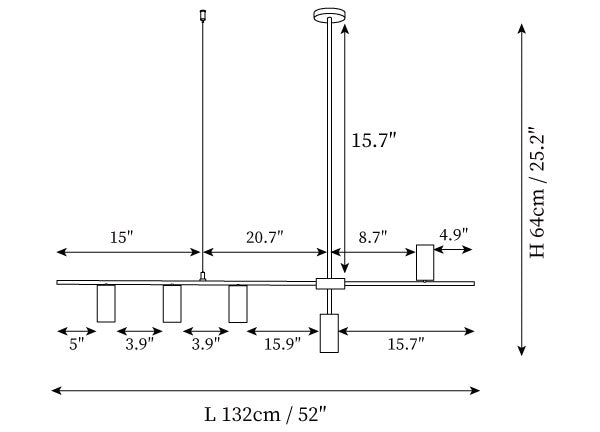 Dimension drawing of the cassandra linear chandelier, in outline against white.