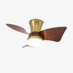 A Clérachic ceiling fan with three walnut wood-grain blades, a gold-finish canopy and a round LED light below, on a plain white backdrop.