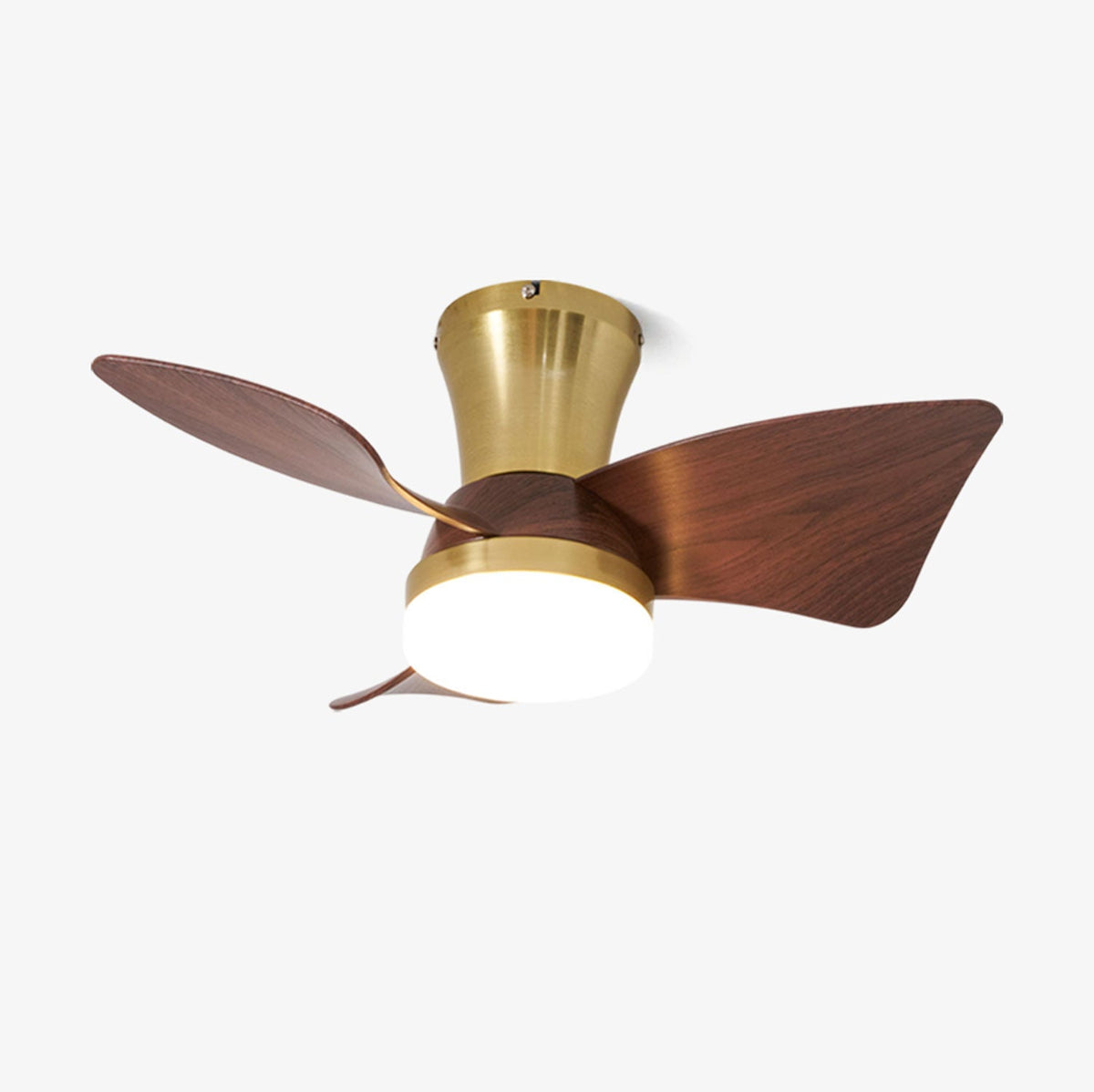 A Clérachic ceiling fan with three walnut wood-grain blades, a gold-finish canopy and a round LED light below, on a plain white backdrop.
