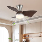 A Clérachic nickel ceiling fan with walnut-grain blades and a lit round light, with green arrows showing air moving down in a modern kitchen.