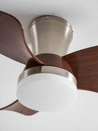 Close view of the brushed nickel canopy, trim ring and white light diffuser on this Clérachic ceiling fan, with a blade curving past.