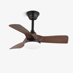 Walnut-effect three-blade ceiling fan with a black stem and canopy and a round white LED light below, on a plain white backdrop, from Clérachic.