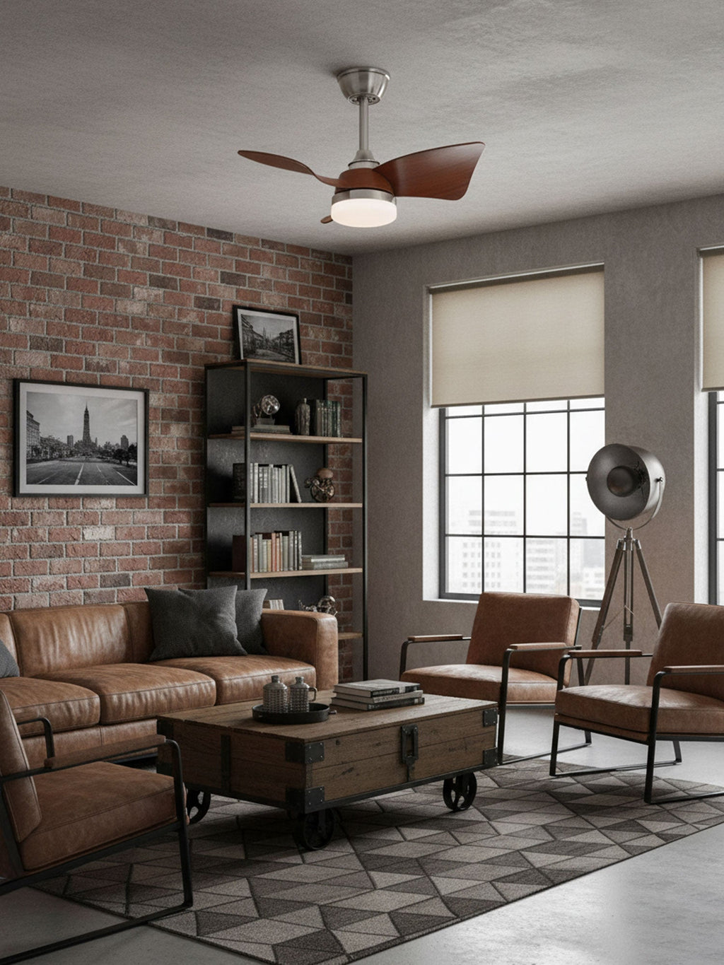 Looking up at this Clérachic fan from a brick-walled living room with black shelving, a tripod lamp and a leather sofa.