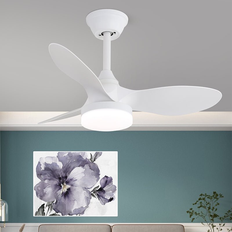 White three-blade ceiling fan with a white stem and a lit round light, from Clérachic, above a teal wall and a floral print.