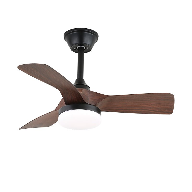 Cut-out view of this Clérachic fan with three walnut-effect blades, a black stem and a round white light on white.