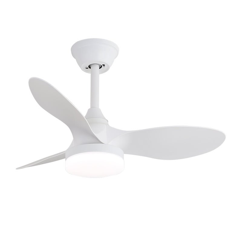 This Clérachic fan in white, with three broad white blades, a white stem and a round light, on a plain white backdrop.