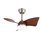 Walnut-effect fan blades with a brushed-metal canopy and stem, and a round white light below, from Clérachic on white.