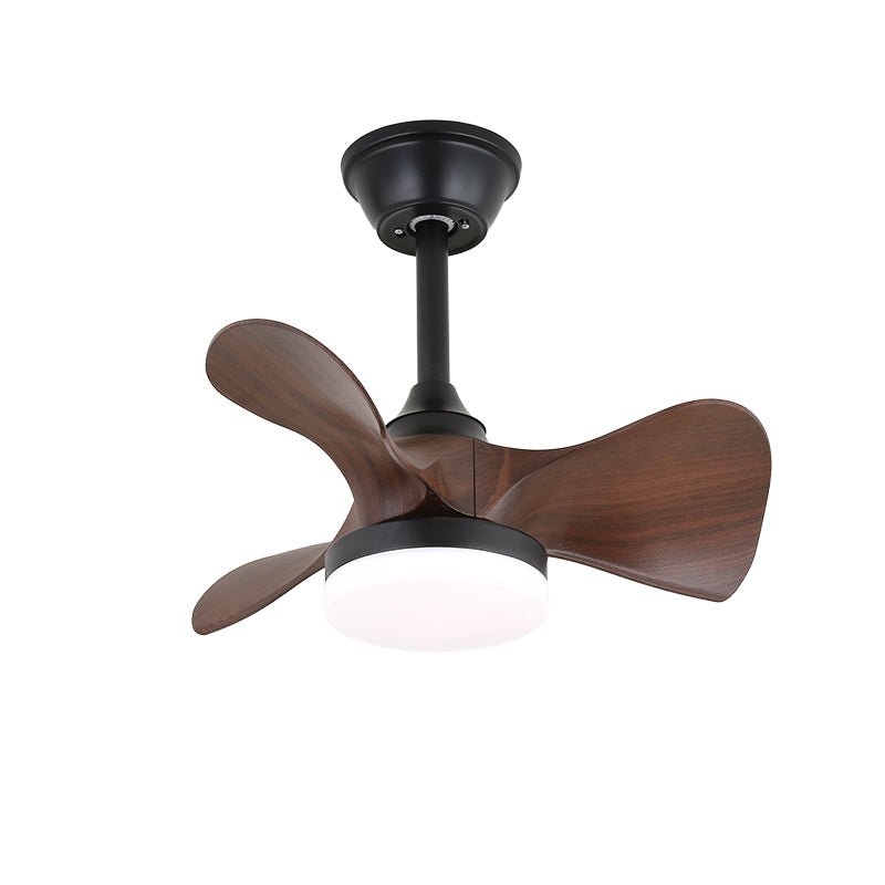 A Clérachic ceiling fan with three soft-edged walnut blades, a black stem and a lit white light, on a plain white backdrop.