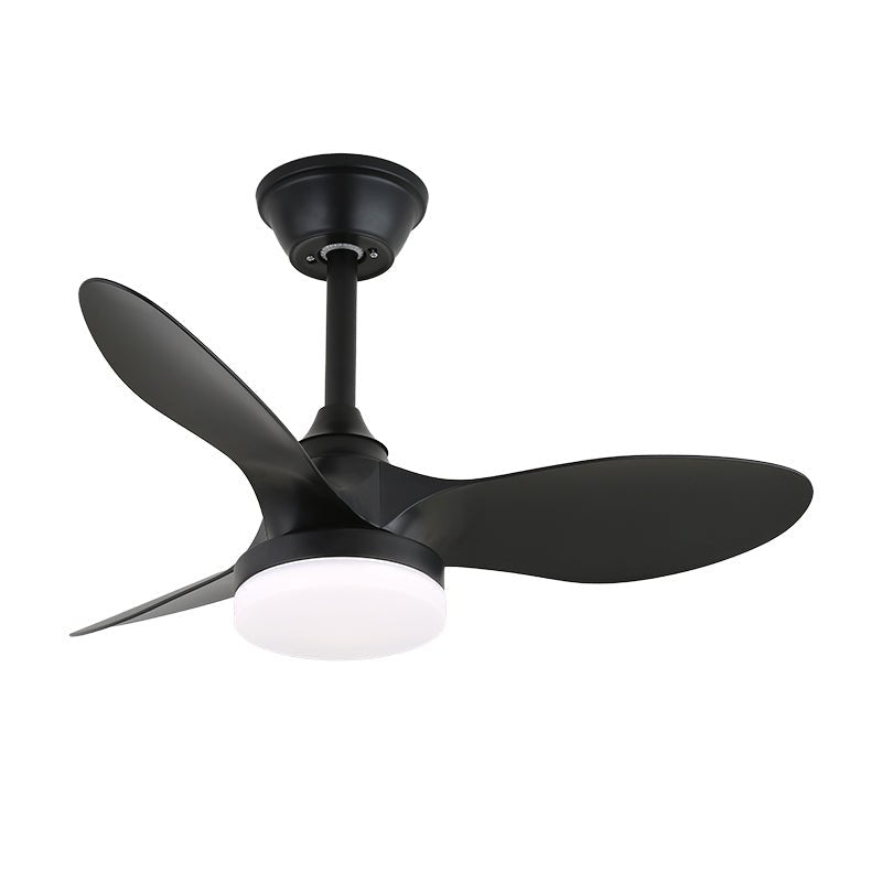 Black version of this Clérachic fan, with three matt black blades, a black stem and a round white light, on white.