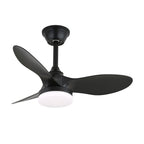 Black version of this Clérachic fan, with three matt black blades, a black stem and a round white light, on white.