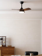 This Clérachic ceiling fan, with its light on, hangs in a calm cream room with a wooden sideboard and a black leather chair.