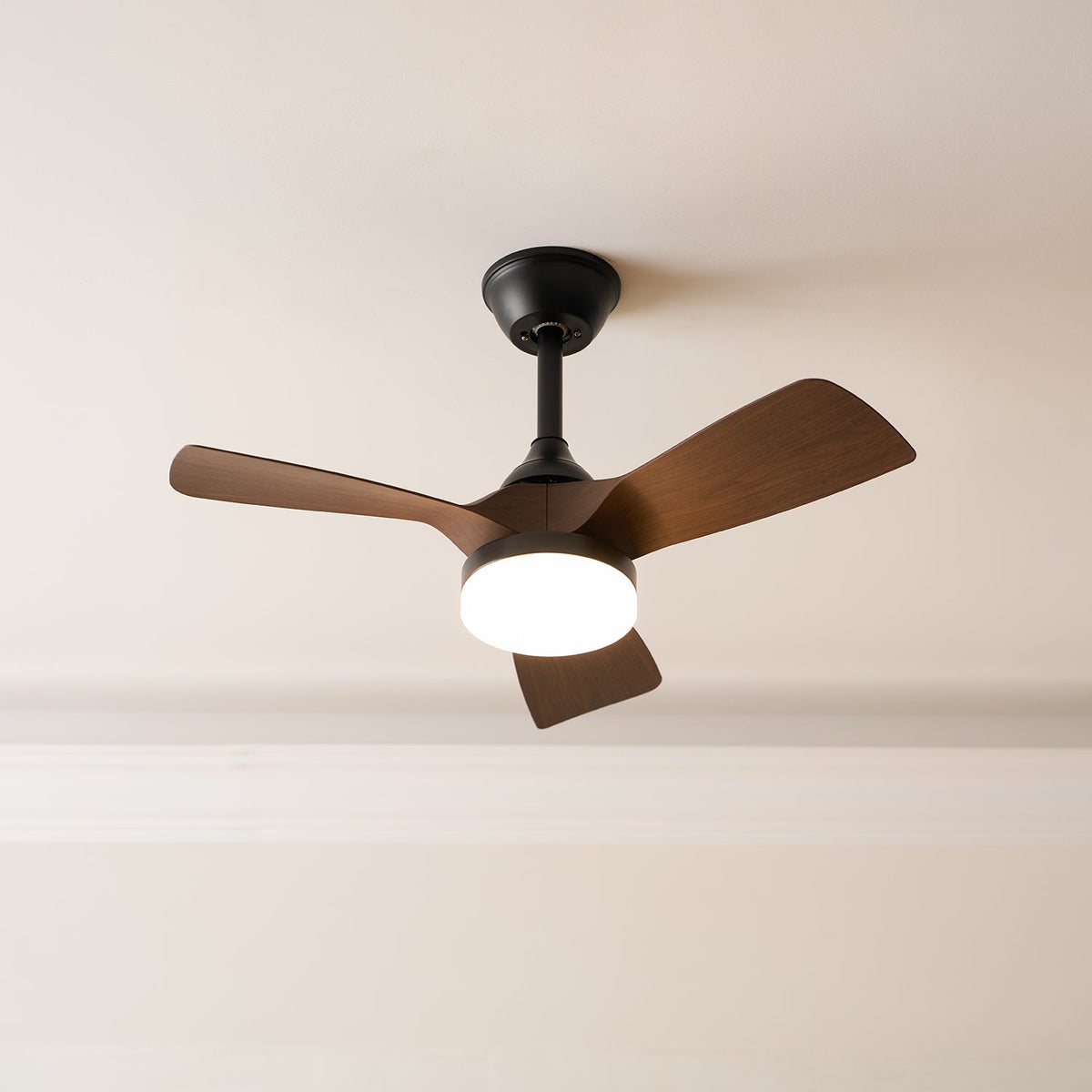 This Clérachic fan, with a black stem, three walnut-grain blades and a warm lit light, seen from below against a cream ceiling.