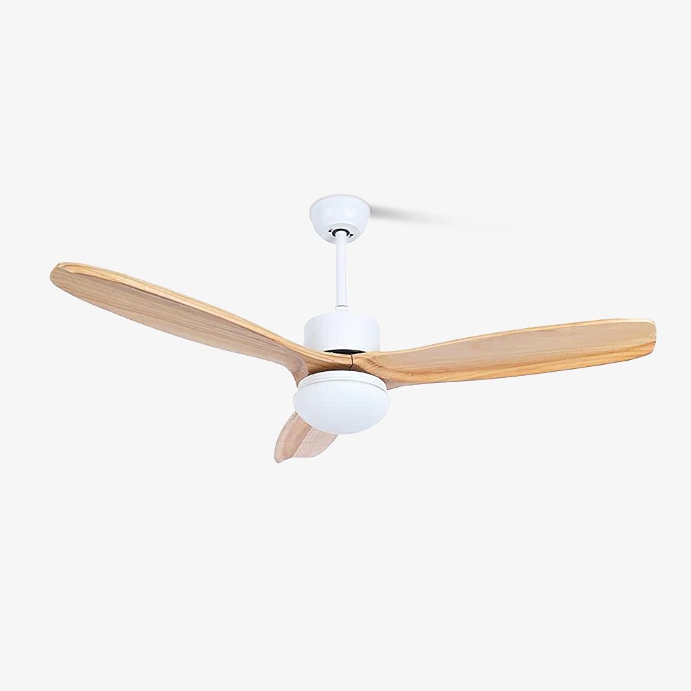 White ceiling fan from Clérachic with three light wooden blades and a round frosted light under the motor, on a plain white backdrop.