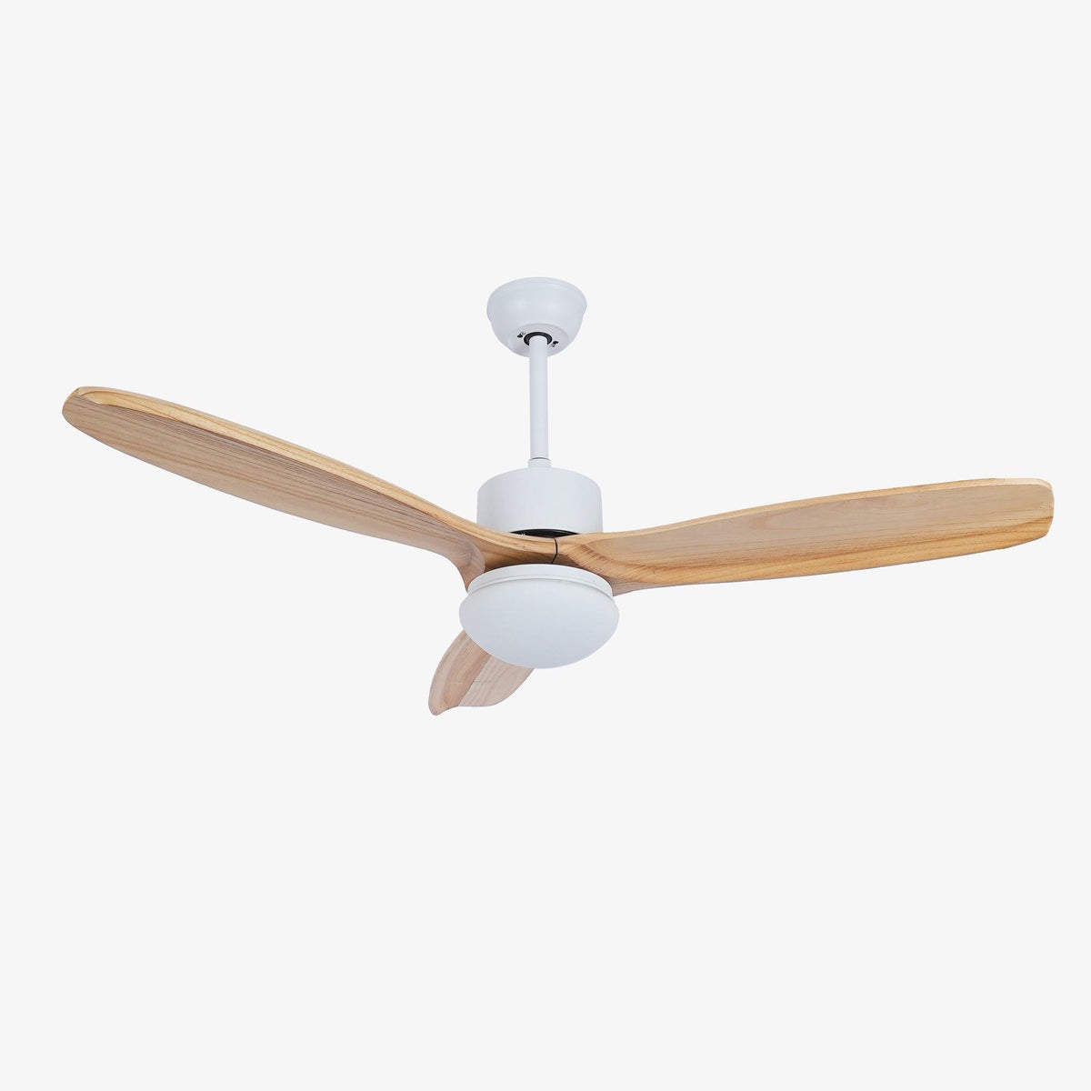 Ceiling fan with light from Clérachic, with a white motor housing, slim downrod and three light wooden blades, on white.