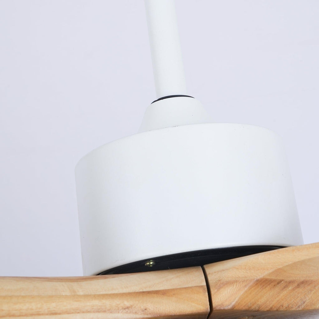 Close view of the white motor housing and the wood grain of a blade on this Clérachic ceiling fan.
