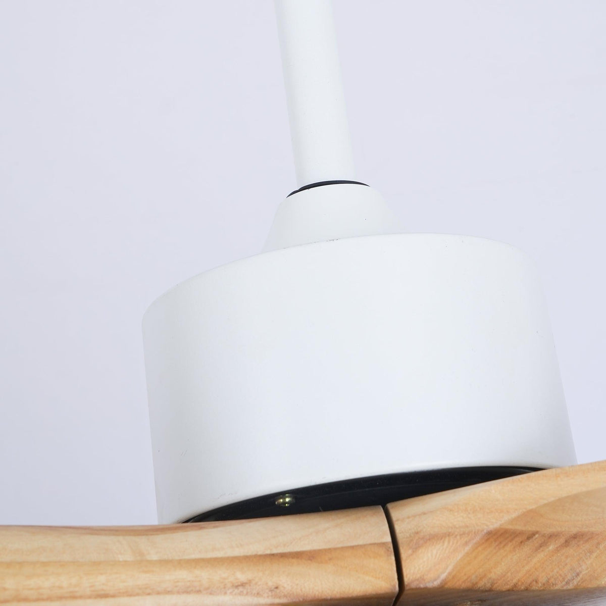 Close view of the white motor housing and the wood grain of a blade on this Clérachic ceiling fan.