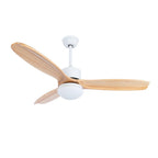 White ceiling fan with light from Clérachic with three wooden blades and a short downrod, seen at an angle on white.