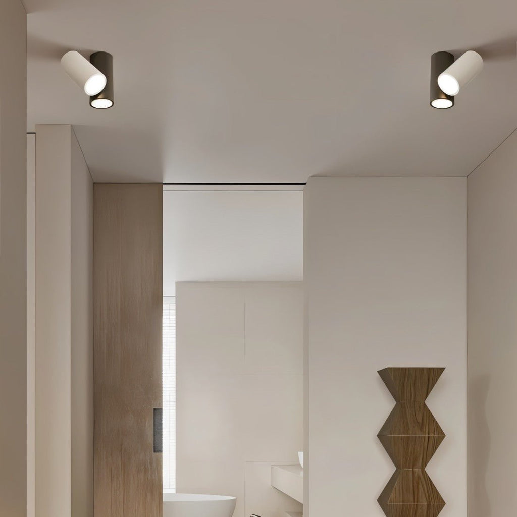 Pair of Clérachic ceiling lights, each a white and a dark cylinder, in a hallway beside a wooden door