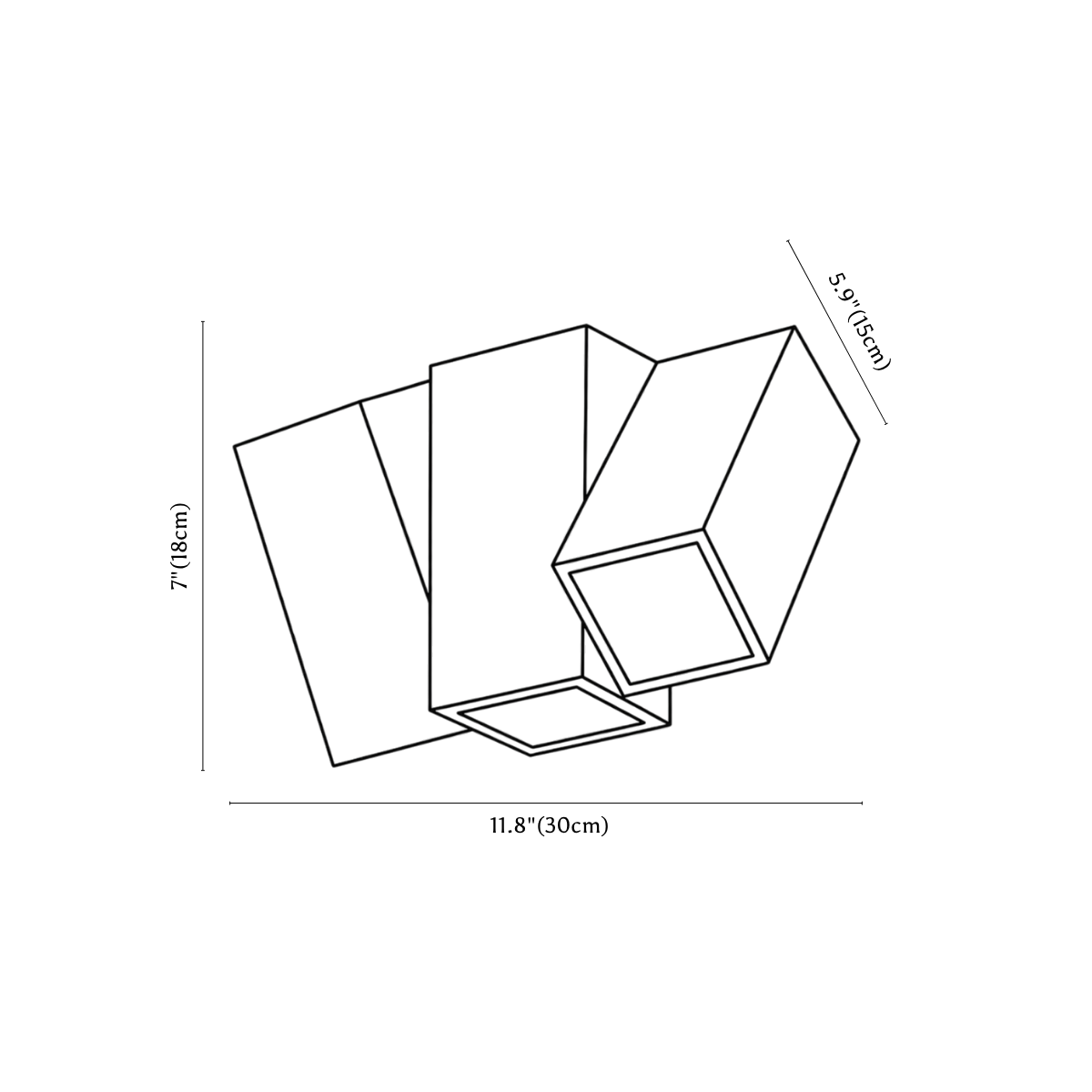 Clérachic ceiling light dimension drawing, style C, three square heads, 30 cm, every measurement marked in centimetres and inches.