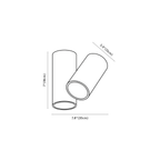 Clérachic ceiling light dimension drawing, style B, two round heads, 20 cm, every measurement marked in centimetres and inches.