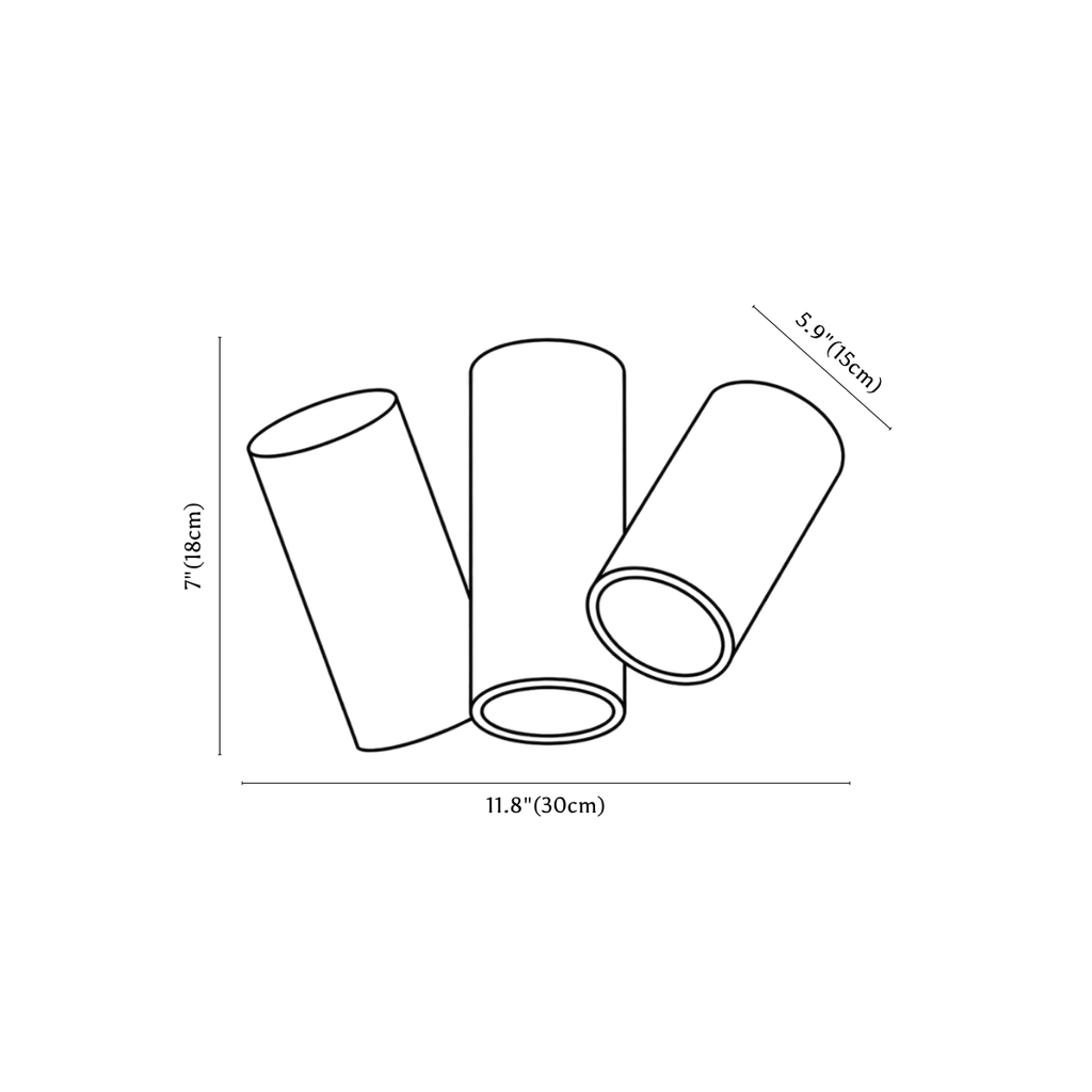 Clérachic ceiling light dimension drawing, style D, three round heads, 30 cm, every measurement marked in centimetres and inches.