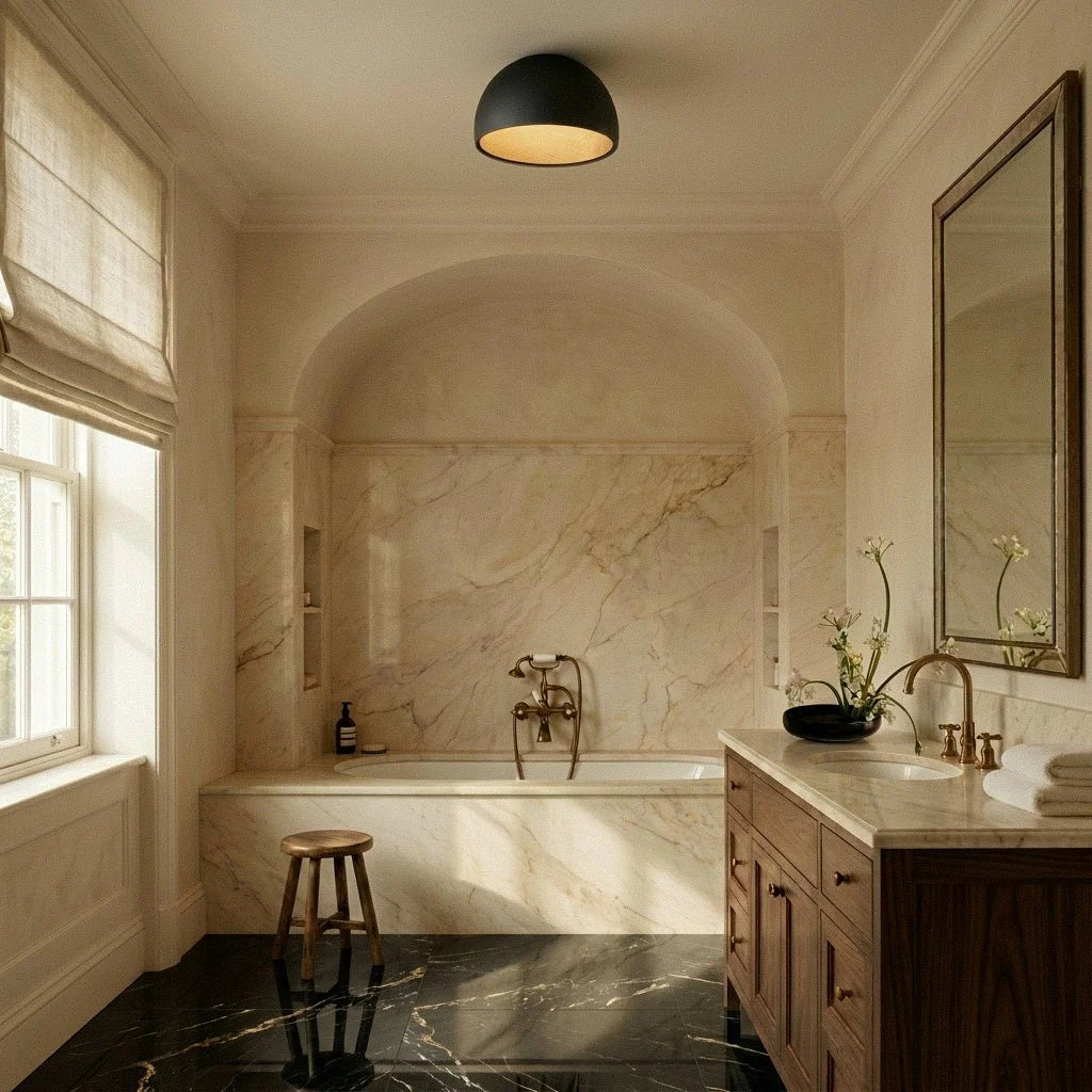 Clérachic black domed ceiling light above a marble bathroom with an arched tub niche, walnut vanity and brass taps.