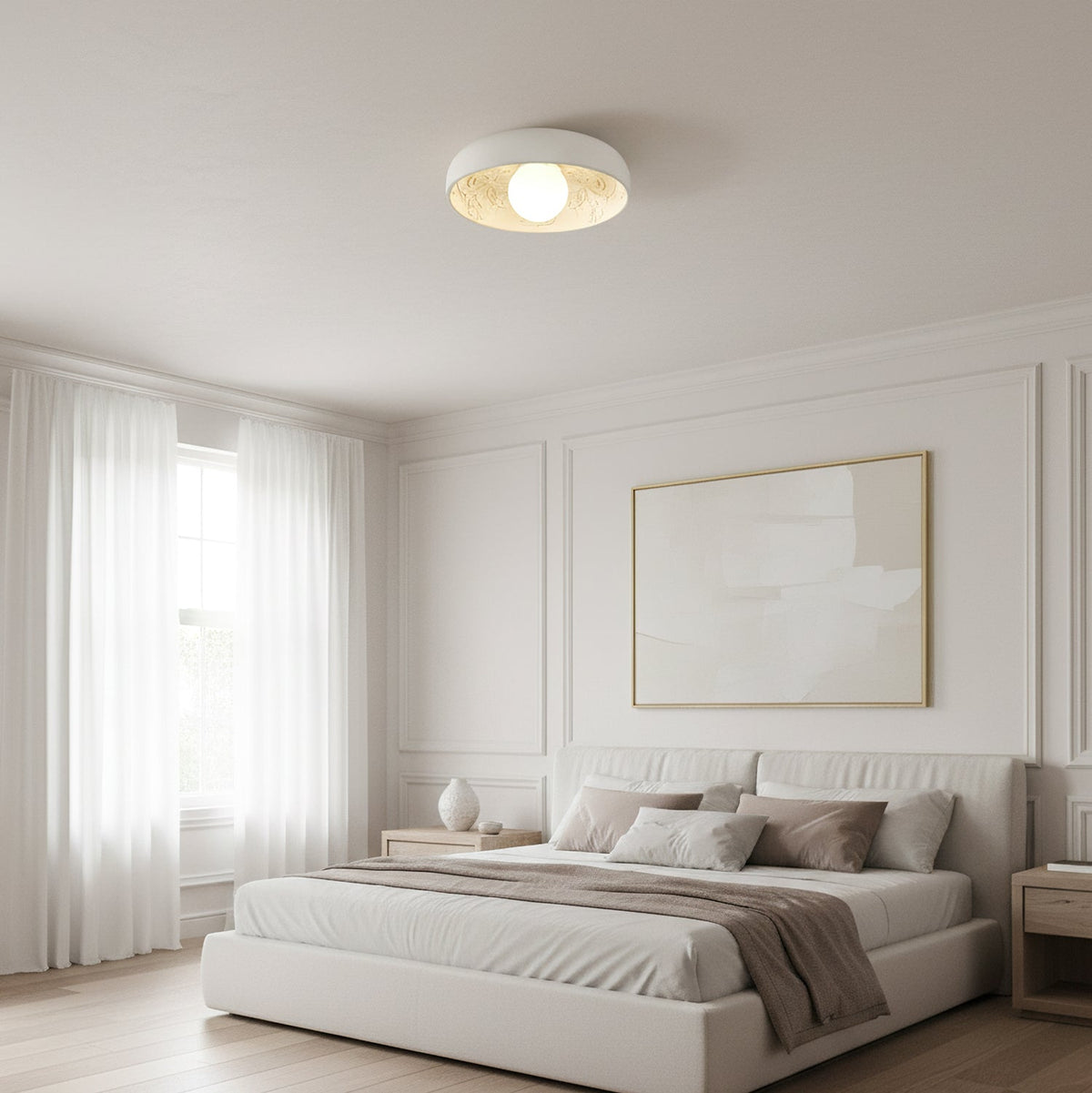 This Clérachic ceiling light hangs over a pale bedroom with sheer curtains, a low upholstered bed and a framed neutral artwork.