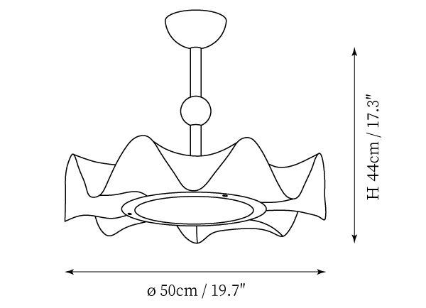 Clérachic ceiling light dimension drawing, every measurement marked in centimetres and inches.