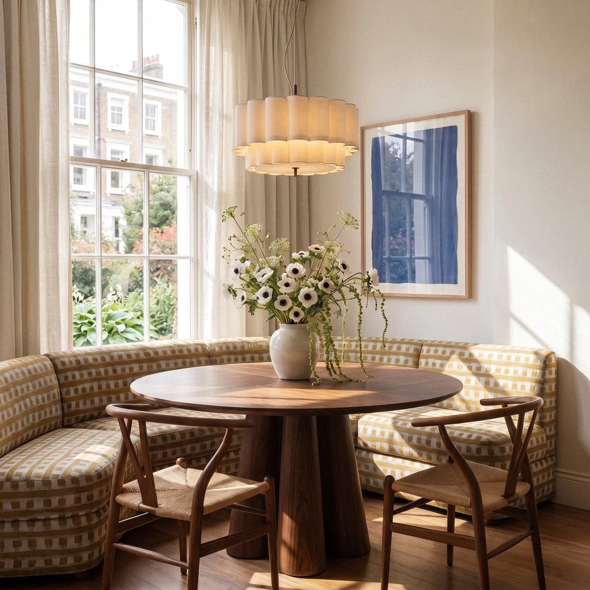This Clérachic ceiling pendant lights a round dining table set in a bay-window breakfast nook.