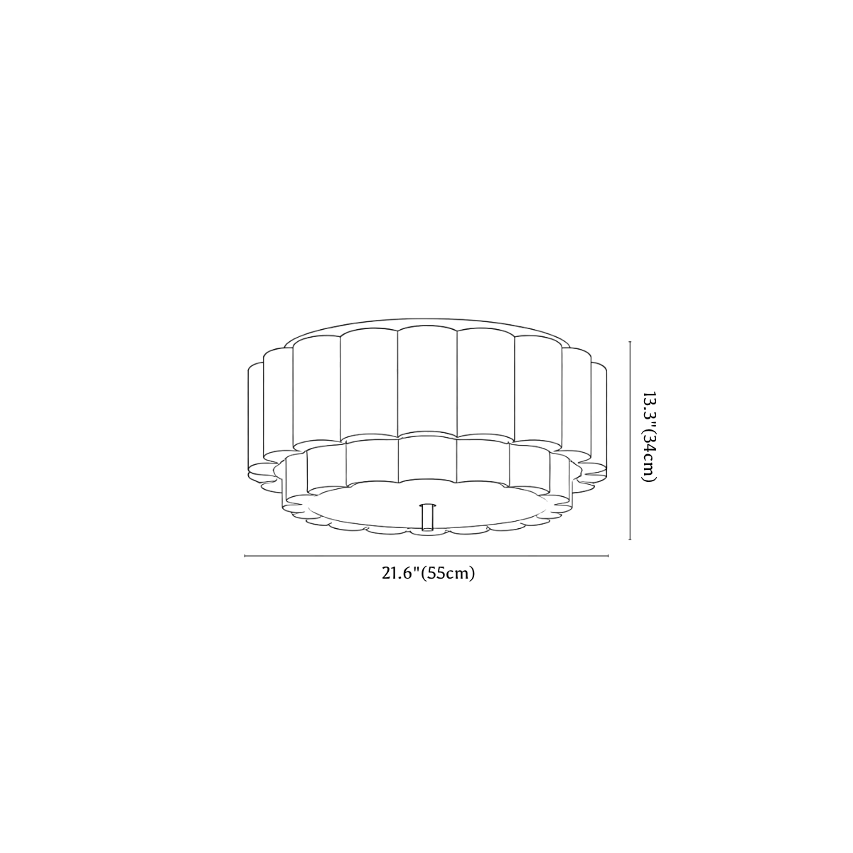Clérachic ceiling light dimension drawing, 2, every measurement marked in centimetres and inches.