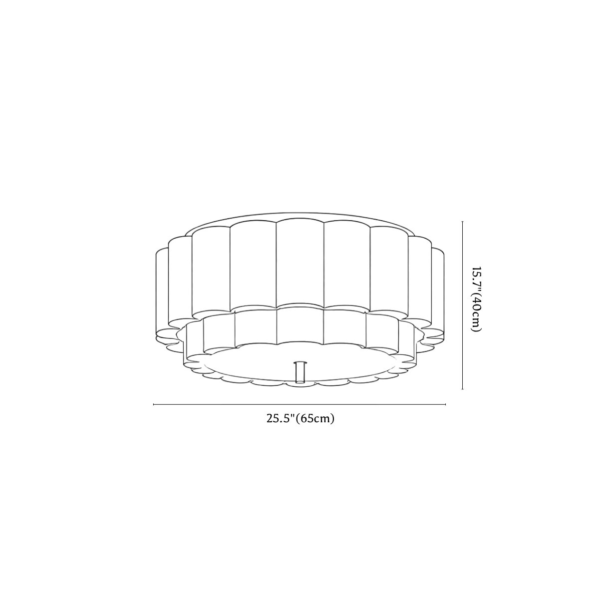 Clérachic ceiling light dimension drawing, 3, every measurement marked in centimetres and inches.