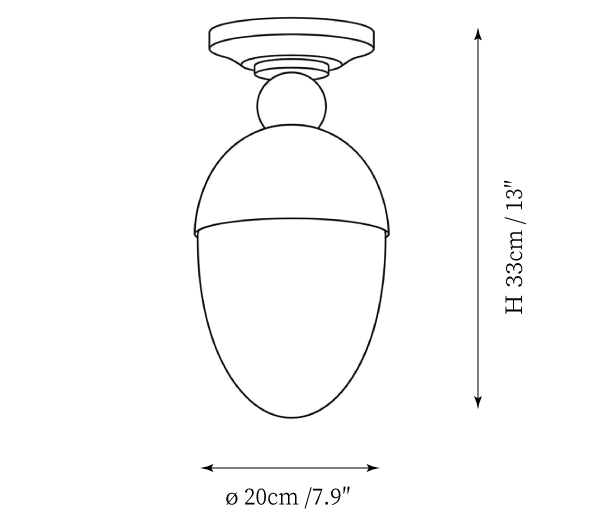 Clérachic ceiling light dimension drawing, every measurement marked in centimetres and inches.