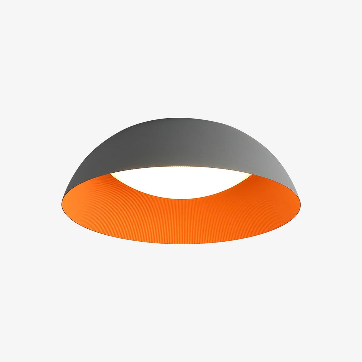 Grey dome ceiling light with an orange interior and a lit white diffuser, from Clérachic, on a pale grey background.