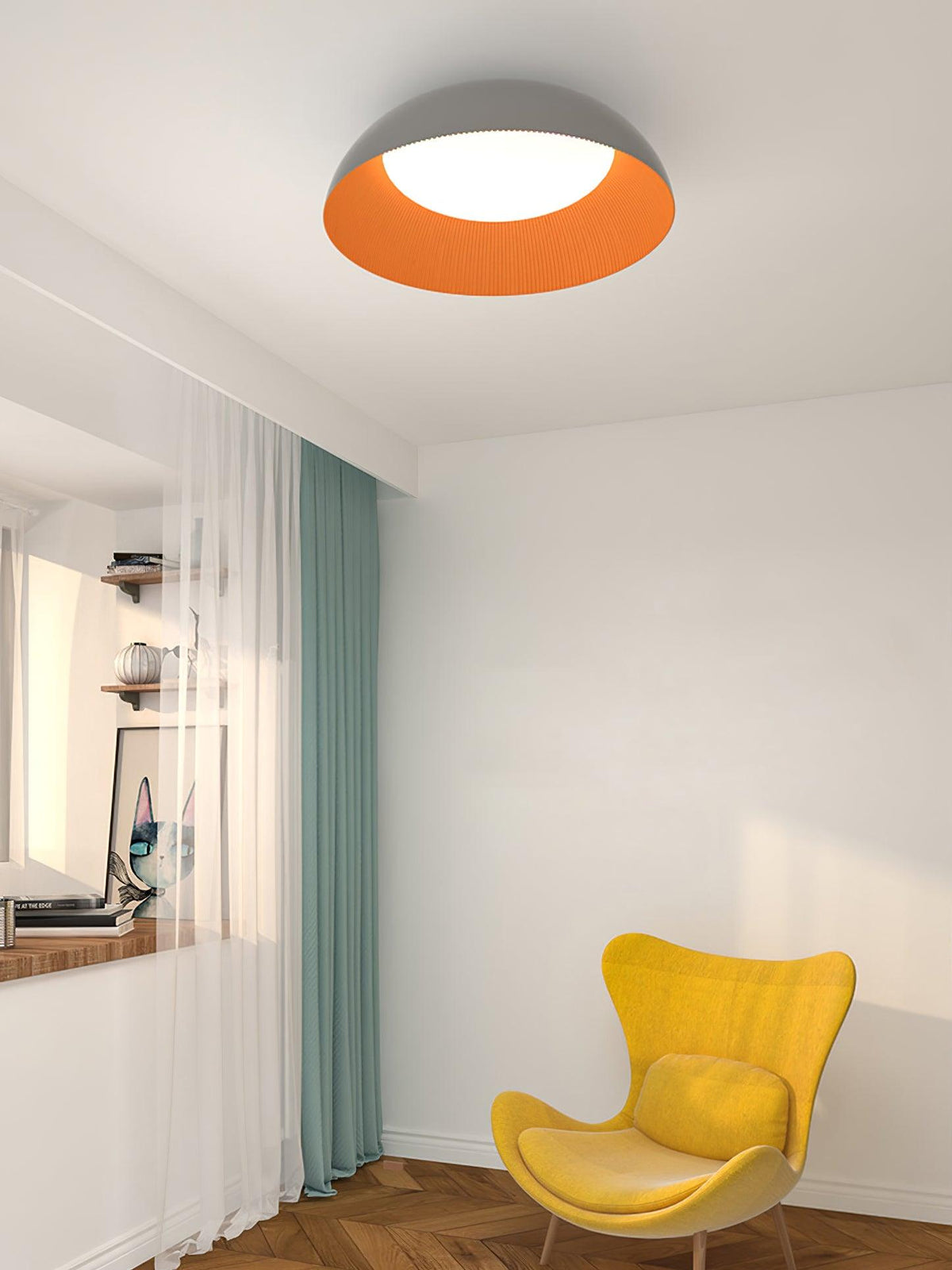 Grey and orange Clérachic ceiling light above a white room with a teal curtain and a yellow wing chair.