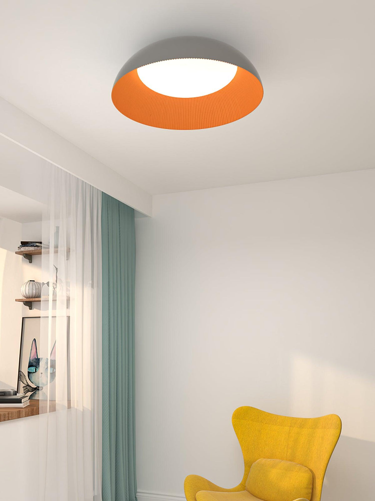 Grey and orange Clérachic ceiling light above a corner with a teal curtain, sheer voile and a yellow armchair.